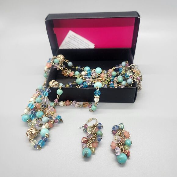 Matched Set Summer Breeze Beaded Necklace & Dangle Earrings Avon Gold Aqua Boho - Picture 2 of 9